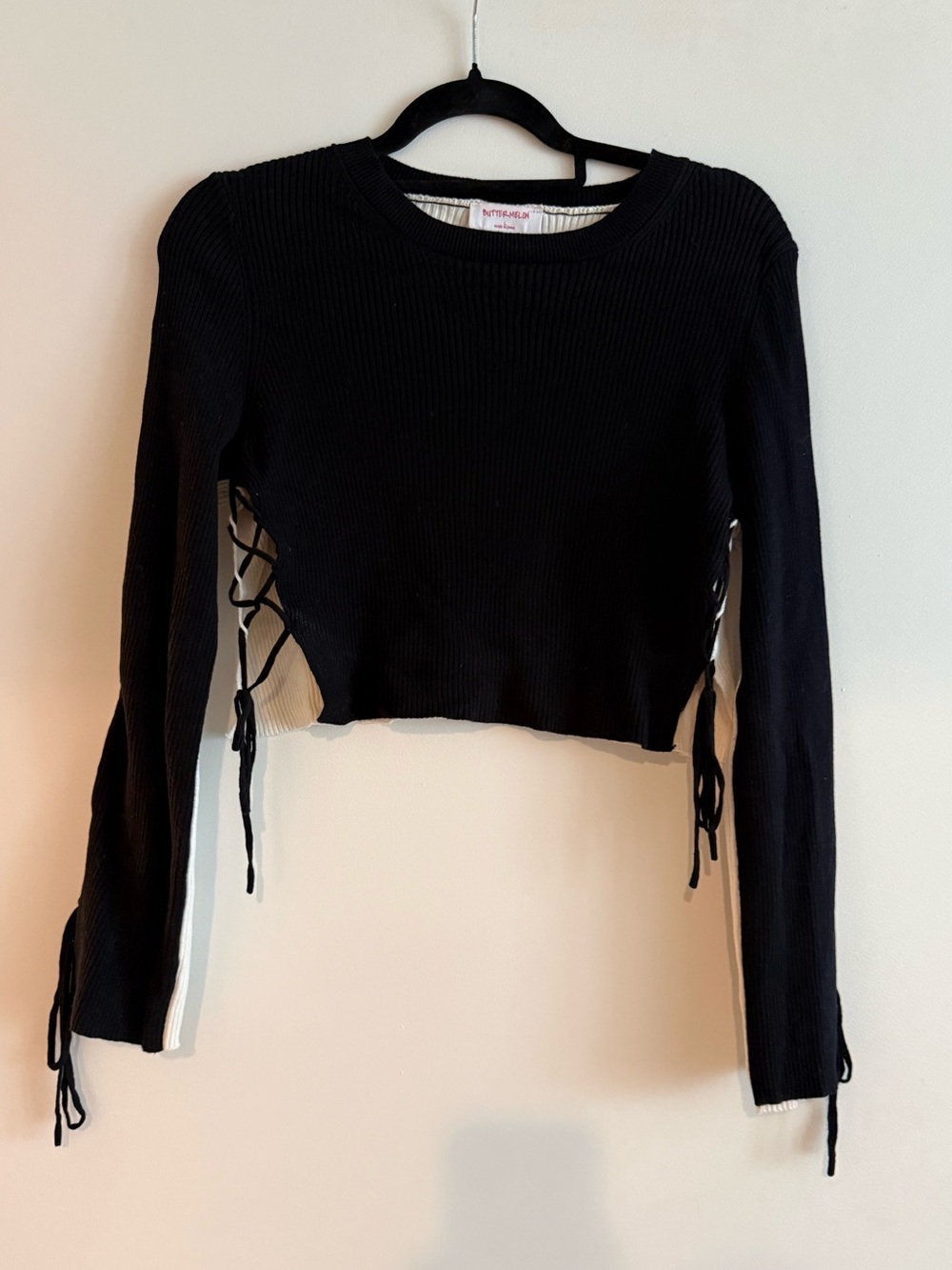 Black & White Lace Up Sleeve Top - by Buttermelon - Long Sleeve, Knitwear